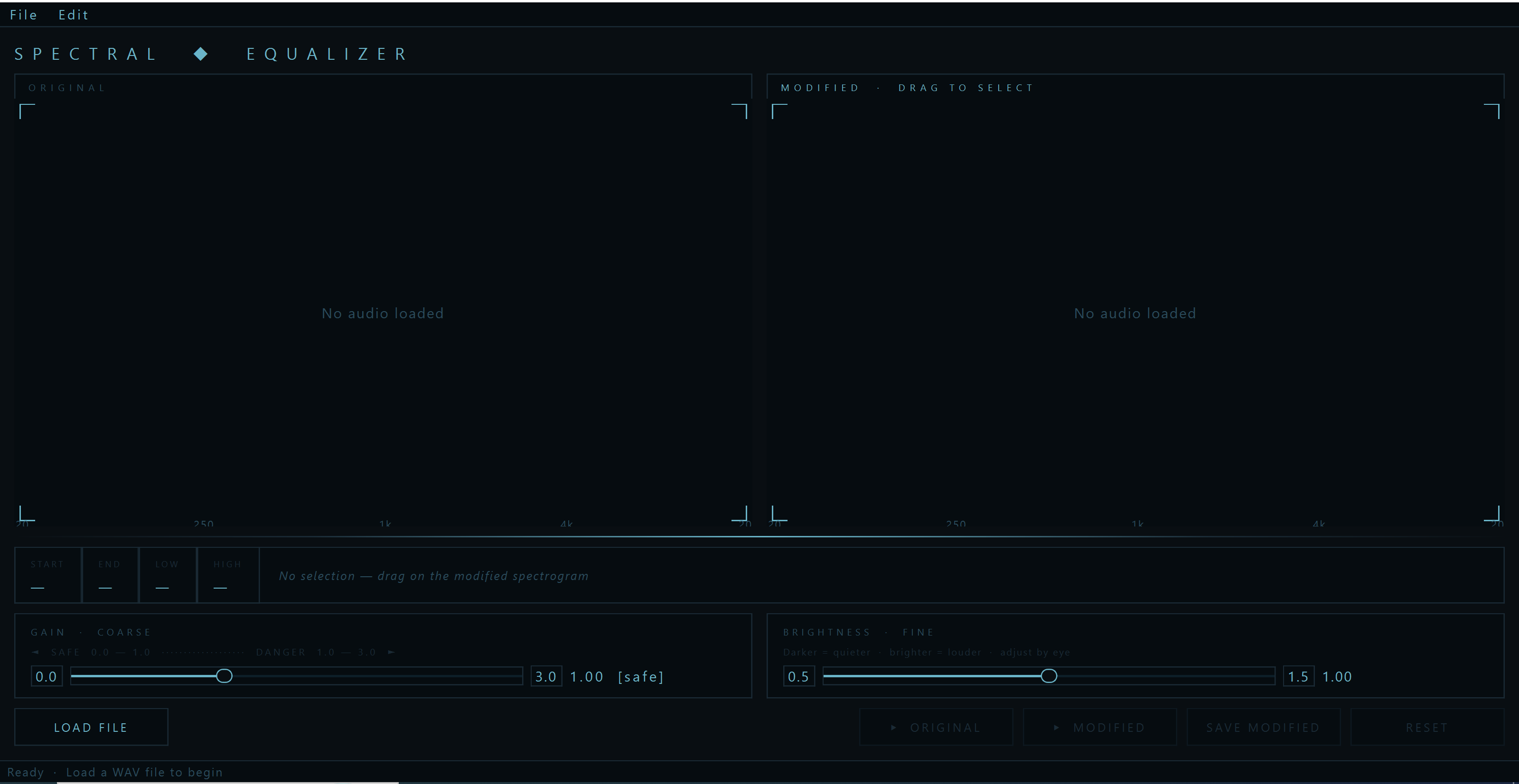 The Spectral Equalizer on startup — empty spectrograms waiting for audio